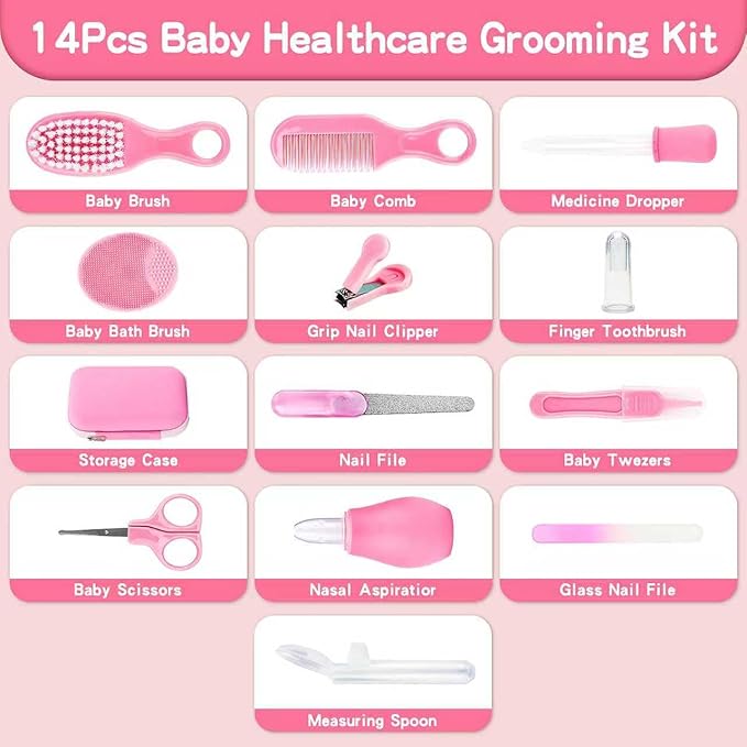 Baby Healthcare and Grooming Kit, 14 in 1 Baby Safety Set Newborn Nursery Health Care Set with Hair Brush Scale Nail Clippers for Baby Girls Boys (14 Kits Pink)