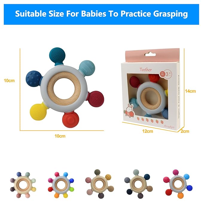 Arudyo Baby Teething Toys Silicone Teethers BPA Free Silicone Rudder with Wooden Ring Soothe Babies Gums (Rainbow)