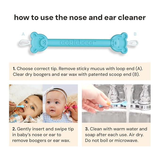 oogiebear Baby Nose Cleaner & Ear Wax Removal Tool - Safe Booger & Earwax Removal for Newborns, Infants, Toddlers - Dual-Ended - Essential Baby Stuff
