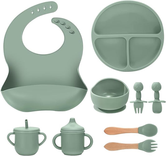 JELLDJK Silicone Baby Feeding Set 9 Pcs, Spill-Proof Suction Plate, Bowl, Bib, Silicone spoon&forks, Wooden Spoons&forks, Training cup with straw and Sippy Cup, Baby Eating Utensils (Green)