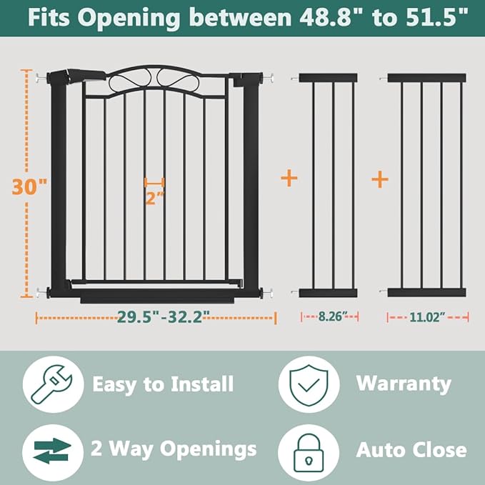 Fairy Baby 48.9"-51.5" Extra Wide Baby Gate with Door, 49 50 51 Inches Walk THR Baby Gates for Stairs Pressure Mounted no Drill, Indoor Tension Metal Pet Dog Gate, Auto Close Safety Gate, Black