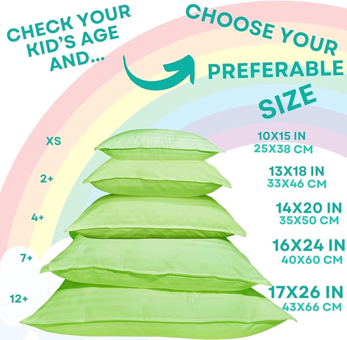 kinder Fluff Pre-Teen Pillows (2-Pack) 17x26in – Pillows for Kids Age 12+, 100% Cotton Sateen Stripes 300T, Down Alternative Fill, Machine Washable – Travel Cushions – Green – XL