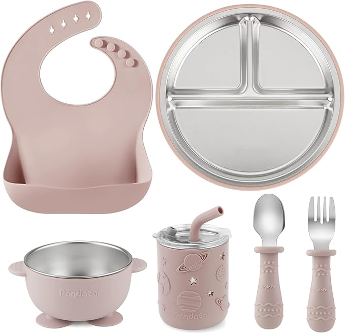 PandaEar 6-in-1 Stainless Steel Baby Feeding Set | Divided Suction Plate, Bowl, Sippy Cup with Straw, Bib, Spoon & Fork | BPA-Free Toddler Feeding Essentials for Self-Feeding (Pink)