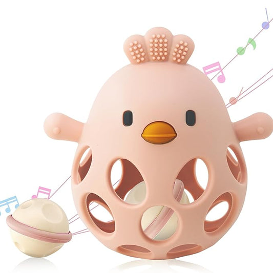 ChooKaChoo 2-in-1 Baby Teething Rattle Toy, Sensory Grasping Teether for Infants 3-12 Months, 100% Food-Grade Silicone, Easy to Hold, Soothing & Developmental, BPA Free