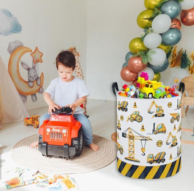ESSME Kids Laundry Basket,Car Hamper Collapsible Canvas Waterproof Storage Bin for Boys, Nursery Hamper,Gift Baskets,toy bins(Engineering vehicle)