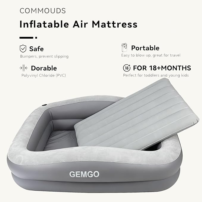 GEMGO Inflatable Toddler Travel Bed Portable 67" Toddler Bed for Kids with 4 Safety Sides - Lightweight Kids Air Mattress with High-Speed Pump & Carry Bag