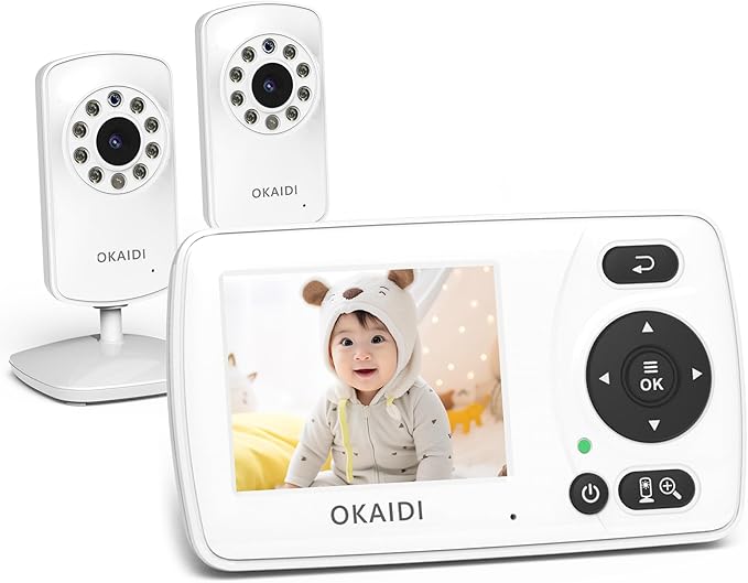 OKAIDI Video Baby Monitor with 2 Cameras, 2.4'' Portable Travel Screen, 1000ft Long Range Transmission, Baby Monitor No WiFi, Infrared Night Vision, VOX Mode