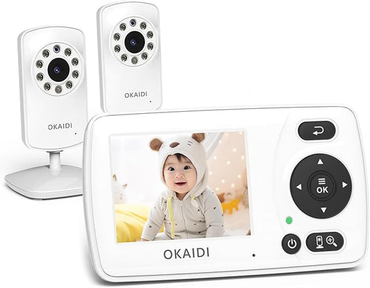 OKAIDI Video Baby Monitor with 2 Cameras, 2.4'' Portable Travel Screen, 1000ft Long Range Transmission, Baby Monitor No WiFi, Infrared Night Vision, VOX Mode