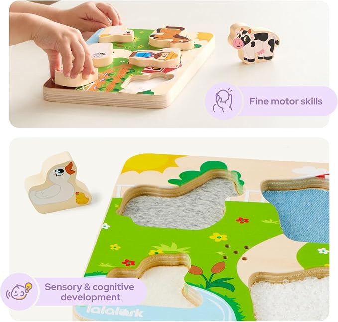 lalalark Tactile & Sound Wooden Chunky Puzzles for Baby 2-4, Musical Farm Animal Toys, Educational Wooden Block Puzzles, Kids Christmas Birthday Gifts, Toddler Learning Toys for 2 Years Old Boys Girls