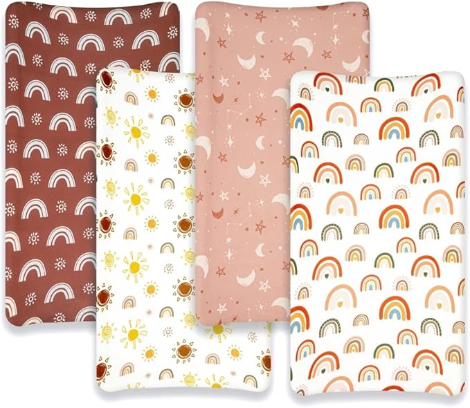 4 Pack Boho Nursery Sheets - Sunshine and Rainbow Design, Neutral Unisex Fitted Baby Changing Pad Cover Sheets for Baby Boys or Girls