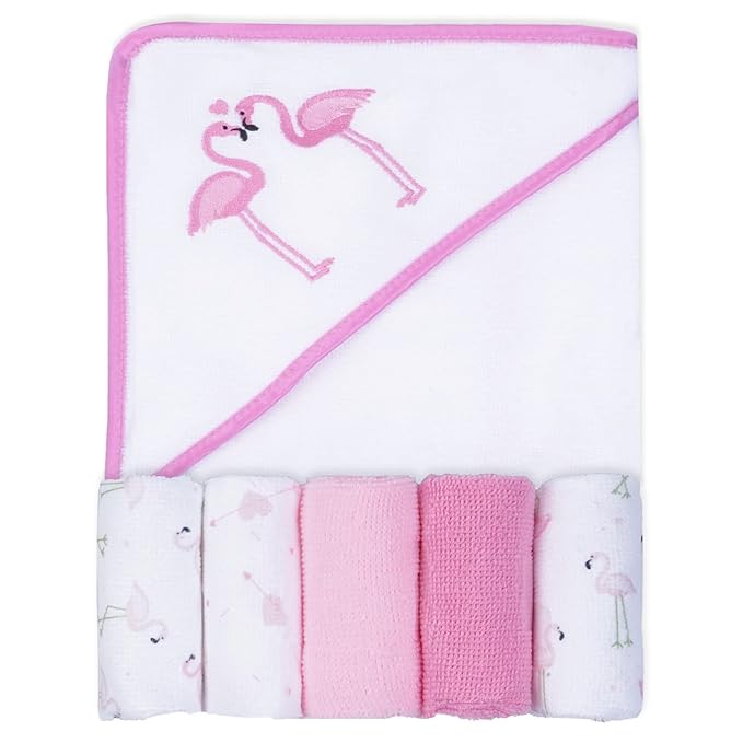 Viviland Baby Towels and Washcloths, Soft Absorbent Baby Girl Bath Towel Set, Flamingos Hooded Towels with 5 Infant Washcloths (6 Pieces)