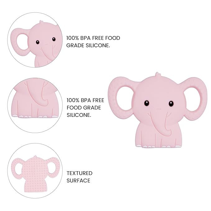 Cute Animal Baby Food Grade Silicone Teether Toy with One Piece Design Pacifier Clip Holder,Teething Pain Relief Toys Gift Set for 3 Months+ Boys and Girls,Freezer Safe,BPA Free (Elephant)