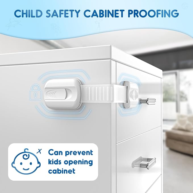 Cabinet Locks Baby Proofing, 12 Pack Child Proof Cabinet Locks with Strong Adhesive Child Safety Locks for Doors, Drawer Locks Baby Proofing No Drilling, Cabinet Locks for Babies- White
