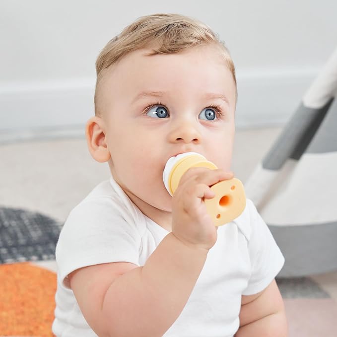 Smily Mia Baby Fruit Food Feeder & Freezer Teether Combo, ICY Bite Ice Cream Teether for Baby Cooling Relief, BPA Free Silicone Feeder for Safe Infant Self Feeding, 3 Month+,Cream White