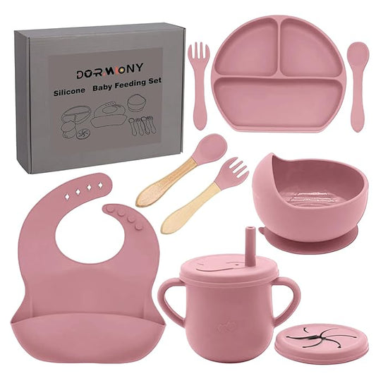 Dormlony 100% Silicone Baby Feeding Set,BPA Free Baby Dishes Set with Suction Bowl Divided Plate,Toddler Self Feeding Dish Set with Spoons Forks Sippy Cup and Bib, Baby Eating Utensils (Coral)