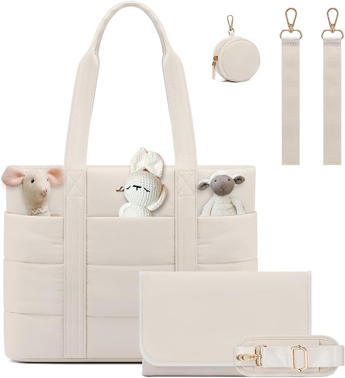 LOVEVOOK Diaper Bag Tote, 15.6inch Puffer Baby Diaper Bag Waterproof Travel Diaper Tote with Changing Pad Pacifier Case