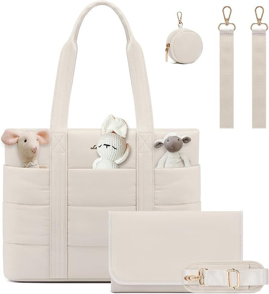 LOVEVOOK Diaper Bag Tote, 15.6inch Puffer Baby Diaper Bag Waterproof Travel Diaper Tote with Changing Pad Pacifier Case