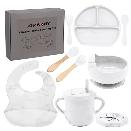 Dormlony 9pc BPA Free Silicone Baby Feeding Set - White: Suction Bowl, Divided Plate, Sippy Cup, Bib, Spoons, Forks - Baby Eating Utensils