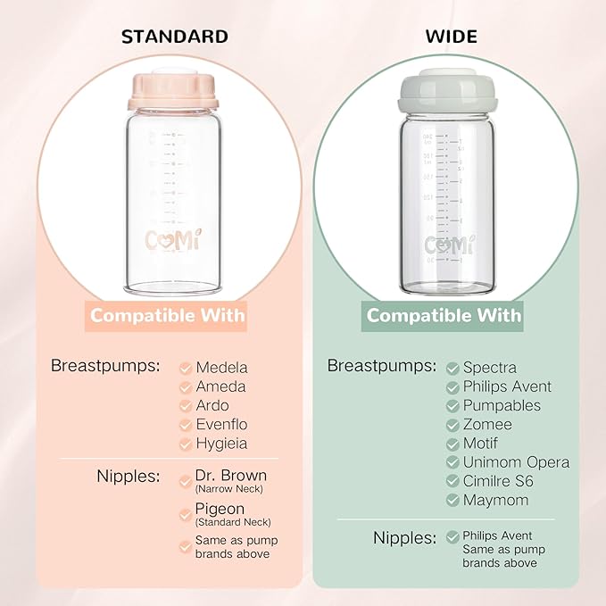 COMI Natural Glass Baby Bottle,Standard Neck Breastmilk Storage Bottle for Fridge,Breast Milk Container,Breast Pump Bottle Compatible with Medela Breast Pump,BPA Free,4PCS(5.1oz,4 Gray Lids)