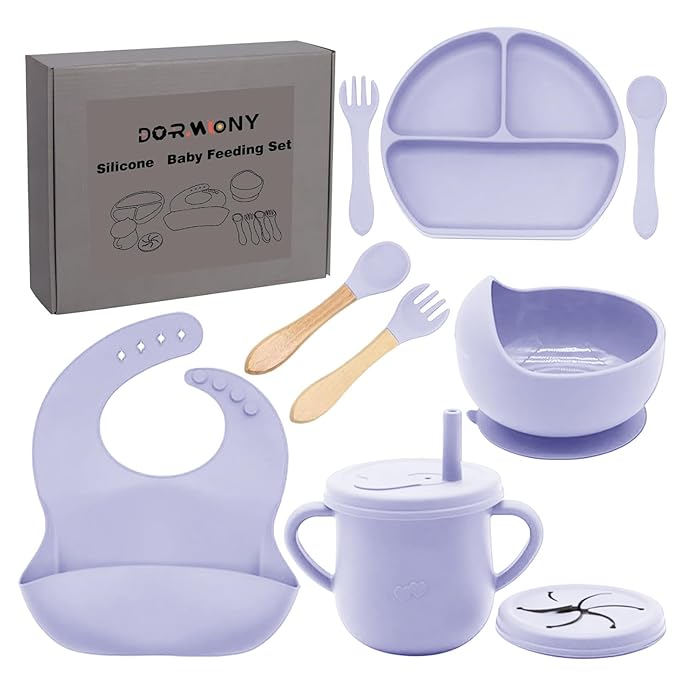 Dormlony 100% Silicone Baby Feeding Set,BPA Free Baby Dishes Set with Suction Bowl Divided Plate,Toddler Self Feeding Dish Set with Spoons Forks Sippy Cup and Bib, Baby Eating Utensils(Purple)