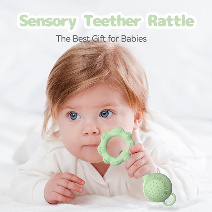 Teethers for Babies 6-12 Months, Baby Rattles 0-6 Months, 2-in-1 Rattle and Teether Toy for Soothing Sore Gums and Keeps Little Ones Entertained, Food Grade Silicone, Green