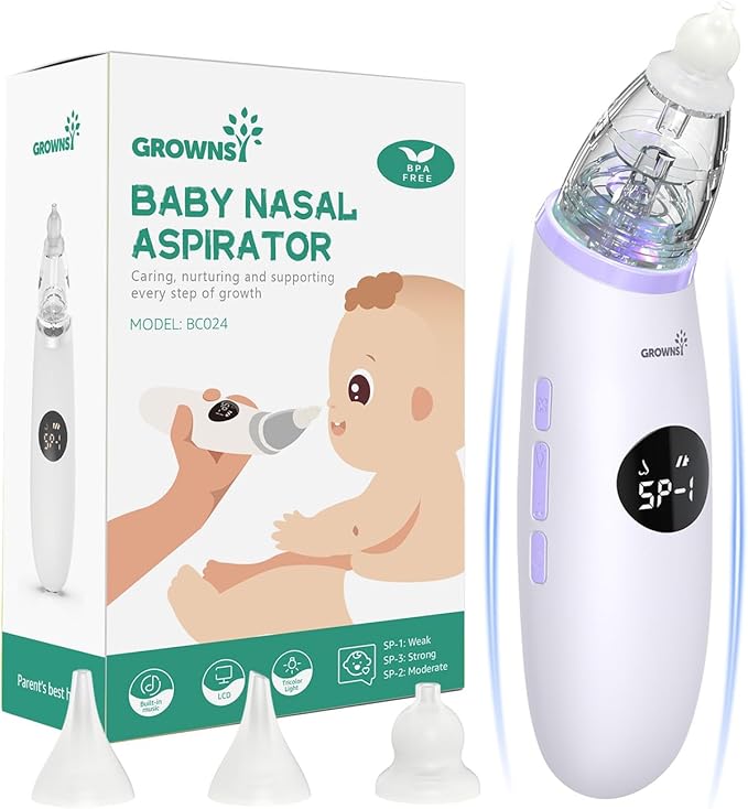 GROWNSY Nasal Aspirator for Baby | Baby Nose Sucker | Electric Nose Suction for Toddler, Ergonomic Booger Sucker with 3 Silicone Tips, Music & Light Soothing Function(Purple)