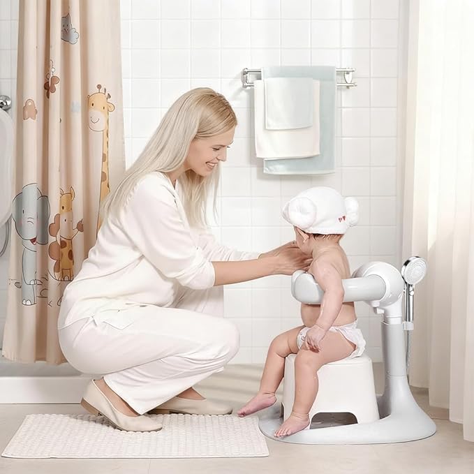 Baby Bath Stand, Baby Bath Assistant, Toddler Bath Support with Adjustable Height & Armrest, Portable Bath Rack with Anti-Slip Base, Safe Bath Helper for Infants 8-36 Months