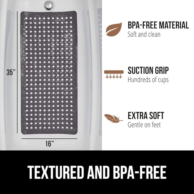 GORILLA GRIP Patented Bath Tub Shower Mat, Machine Washable Bathtub Floor Liner Mats, Suction Cups and Drain Holes to Keep Tubs Clean, Soft on Feet, Bathroom Essentials, 35x16 Inch, Charcoal Opaque
