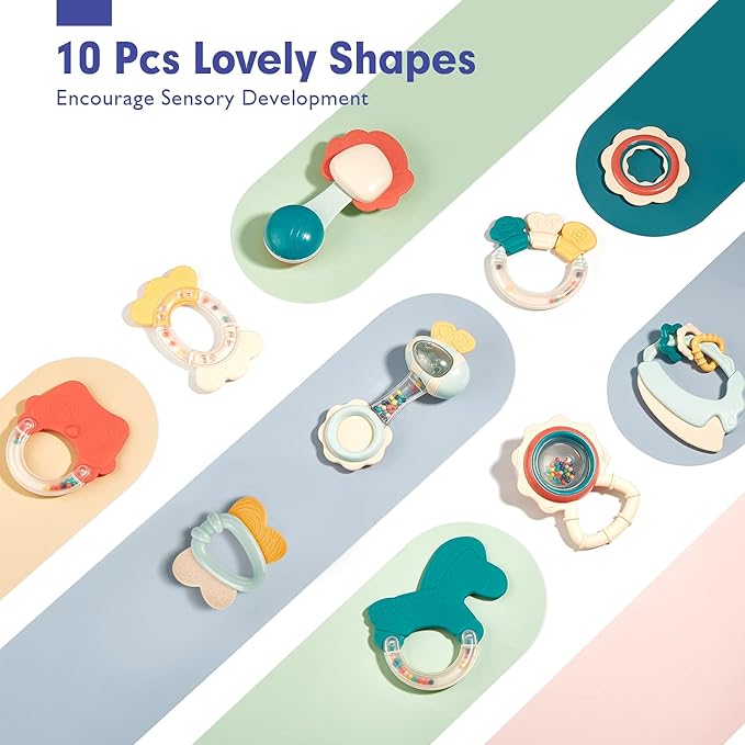 hahaland Baby Toys 0-6 Months - Baby Rattles Teething Toys 3-6 Months, Newborn Infant Toys 6-12 Months, Teether Grasping Shaker Toy Baby Gifts 6 5 4 3 Month Old Must Haves Montessori Rattle for Babies