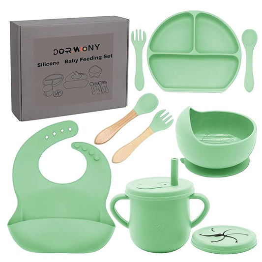 Dormlony 100% Silicone Baby Feeding Set,BPA Free Baby Dishes Set with Suction Bowl Divided Plate,Toddler Self Feeding Dish Set with Spoons Forks Sippy Cup and Bib, Baby Eating Utensils (Neon Green)