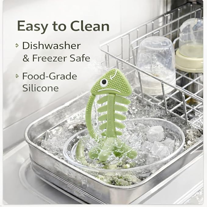 3 in 1 Infant Toys, Baby Teething Toys 3–6 6–12 Months, Teethers for Babies 0–3–6–12 Months for Teething Relief, Baby Gift, Baby Teether Toys, Silicone Sensory Toys, USA Patent Pending, Fish (Olive)