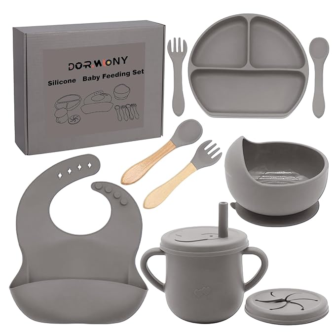 Dormlony 100% Silicone baby feeding set,BPA free Baby dishes set with Suction Bowl Divided Plate,Toddler Self Feeding Dish Set with Spoons Forks Sippy Cup And Bib, Baby Eating Utensils (Light Brown)