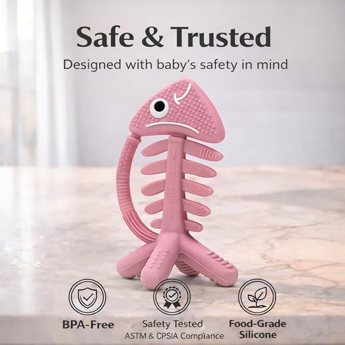 3 in 1 Infant Toys, Baby Teething Toys 3–6 6–12 Months, Teethers for Babies 0–3–6–12 Months for Teething Relief, Baby Gift, Baby Teether Toys, Silicone Sensory Toys, USA Patent Pending, Fish (Pink)
