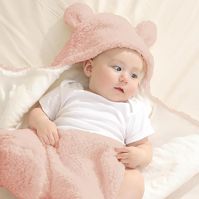 Nunibum Baby Swaddle Blanket Boys Girls Cute Bear Plush Essential Receiving Blanket Ultra-Soft Newborn Registry Sleeping Wraps for Infant 0-6 Months - Pink