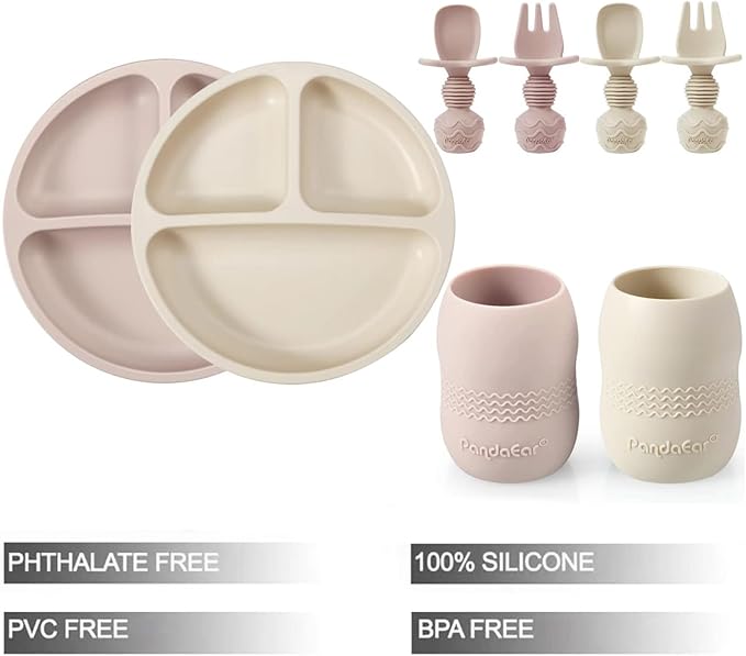 PandaEar Silicone Baby Feeding Set, 2 Pack - Divided Suction Plate, 2 Tiny Cup with Spoons, BPA Free, Light Tan/Pink