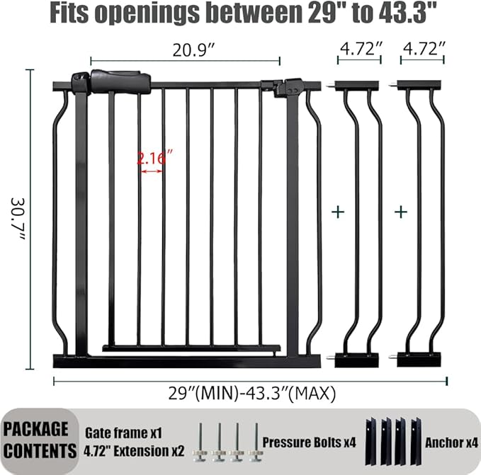 Expandable Baby & Dog Gate 38.5-43.3 Inch, Tension Mounted Indoor Safety Gate for Stairs & Doorways - Black Metal, 30 Inch Tall