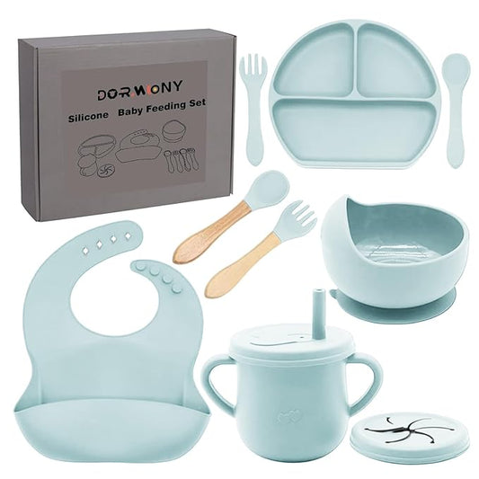 Dormlony 100% Silicone Baby Feeding Set,BPA Free Baby Dishes Set with Suction Bowl Divided Plate,Toddler Self Feeding Dish Set with Spoons Forks Sippy Cup and Bib, Baby Eating Utensils(Light Blue)