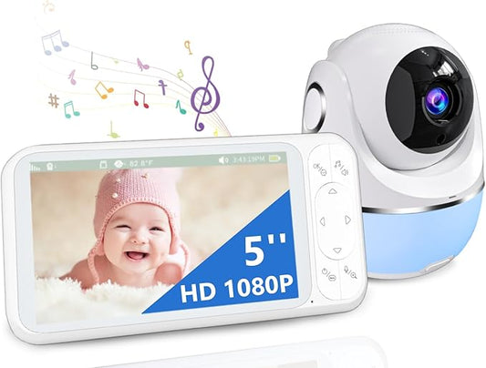 1080P No WiFi Baby Monitor with Camera and Audio, 5'' Screen 32-Hour 5000mAh Battery, 4X Zoom, Night Vision, 2-Way Talk, 8 Lullabies, 1200ft Long Range