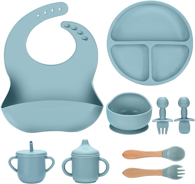 JELLDJK Silicone Baby Feeding Set 9 Pcs, Spill-Proof Suction Plate, Bowl, Bib, Silicone spoon&forks, Wooden Spoons&forks, Training cup with straw and Sippy Cup, Baby Eating Utensils (Blue)