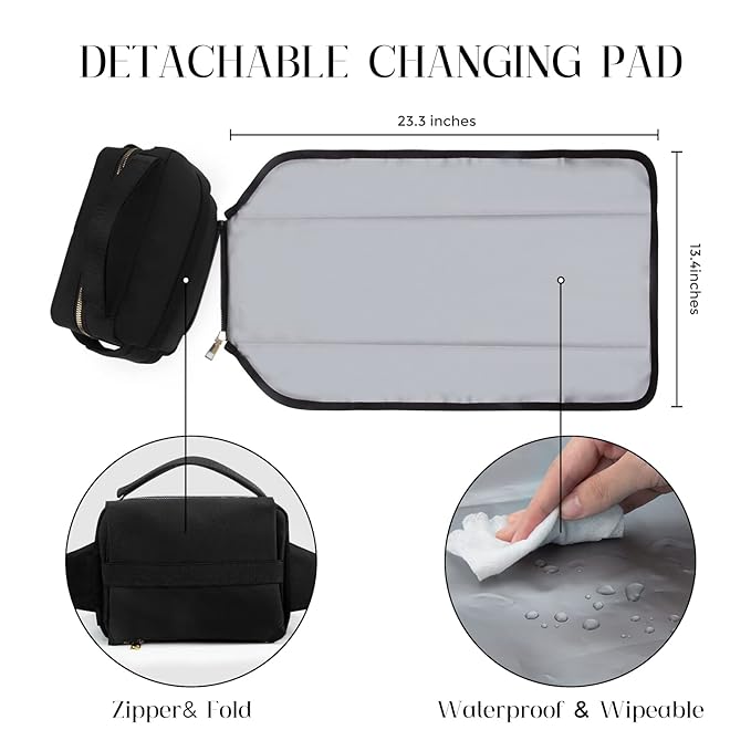 printe Small Diaper Bag with Portable Changing Pad, Crossbody Women Waist Bag with Wipes Pocket for Travel, Stroller Fanny Pack, Black
