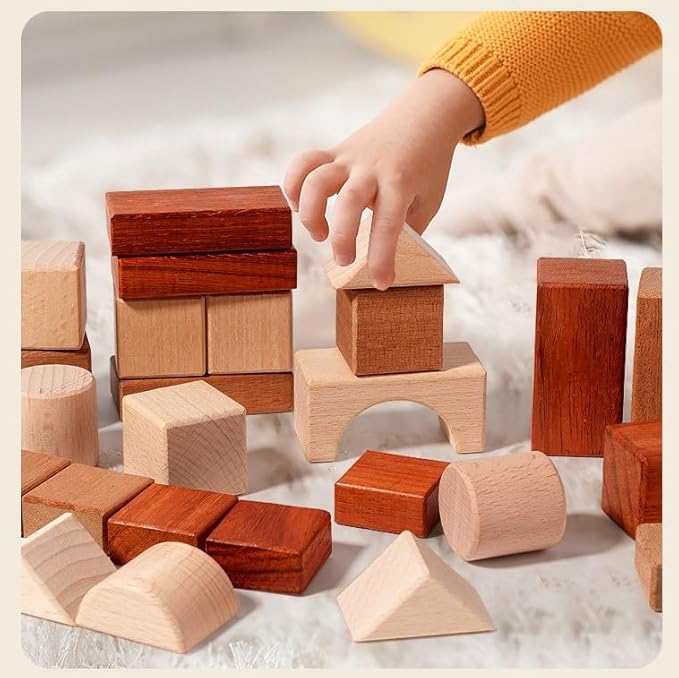 Wooden Building Block Set for Kids, Natural Wood Stacking Toy with Storage Tray, Preschool Learning Toys for Toddlers 1-3 Year Old, 29 Pcs in 8 Shapes, Montessori Educational Game for Boys & Girls