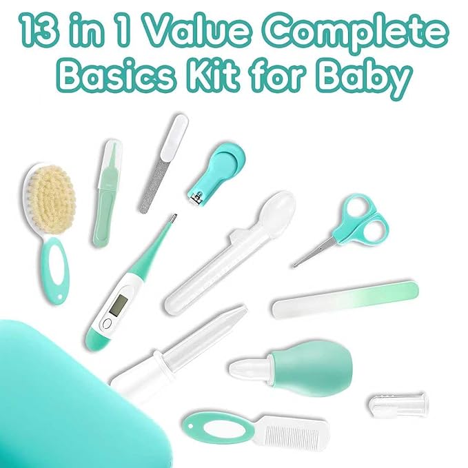 Baby Healthcare and Grooming Kit with Nail Clippers, Scissors, Infant Grooming Kit for Newborns (18 in 1, Green)