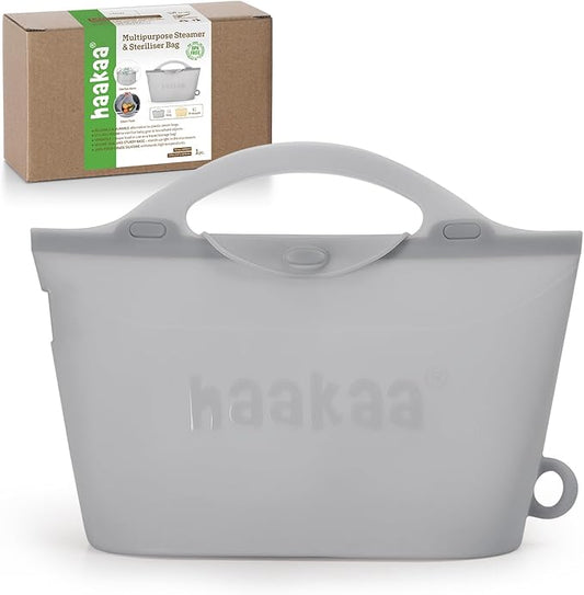 Haakaa Silicone Microwave Steamer & Steriliser Bag, 70oz/2000ml Large Capacity Reusable Steaming Bags for Baby Bottles, Breast Pump, Accessories, Pacifiers,Teethers, Great for Home&On The Go, Grey/1PC
