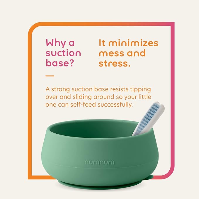 NumNum Baby Bowl & 2 Pack GOOtensils Baby Spoons, Suction Bowls for Baby 4+ Months, Extra Strong Non-Slip Suction, 100% Food-Grade Silicone, BPA-Free, Microwave & Dishwasher Safe (Green/Blue)