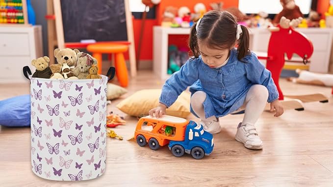 ESSME Butterfly Laundry Basket,Kids Hamper Collapsible Canvas Waterproof Storage Bin for Girls, Nursery Hamper,Gift Baskets,toy bins(Purple Butterfly)
