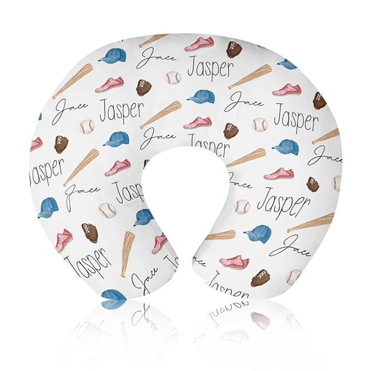 Rucekia Baby Nursing Pillow Cover - Personalized Name Baseballs Theme Breastfeeding U-Shaped for Bottle Feeding, Ultra Soft Comfortable Breastfeeding Pillow Cover for Infant Baby Boys and Girls