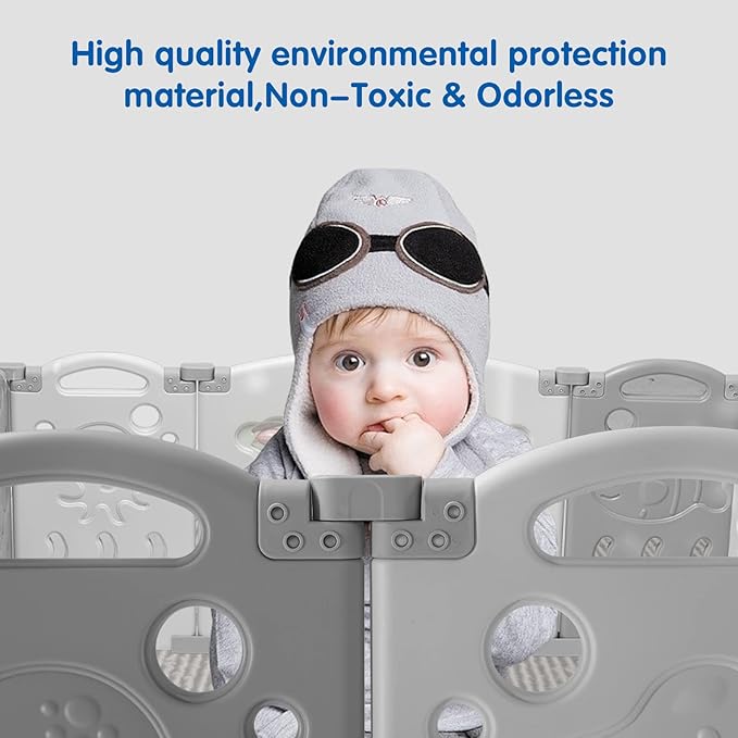 Albott Baby Playpen, Upgraded 14 Panels Foldable Baby Fence with Game Panel and Safety Gate, Adjustable Shape, Portable Play Yards for Children Toddlers Indoors or Outdoors (White+Grey,14 Panel)