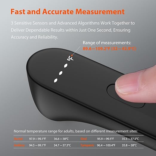 iHealth No-Touch Digital Forehead Thermometer for Adults, Babies, Kids, 3 Ultra-Sensitive Sensors, Quiet Vibration Feedback, Large LED Digits, Easy to Use for Home, PT3 Black