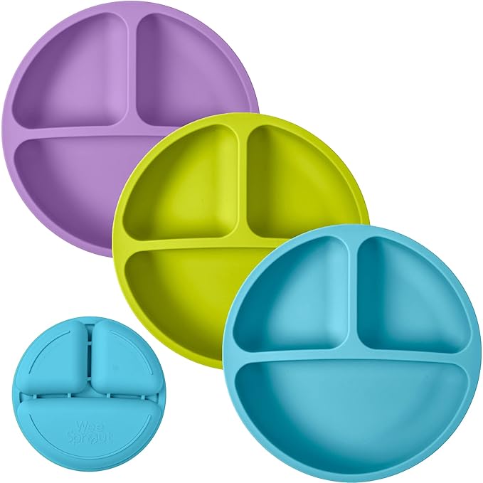 WeeSprout Silicone Plates for Babies & Toddlers (3 Pack) 100% Food-Grade Dishes for Self Feeding, Divided Design & Raised Edges for Picky Eaters, Dishwasher & Microwave Safe Weaning Supplies