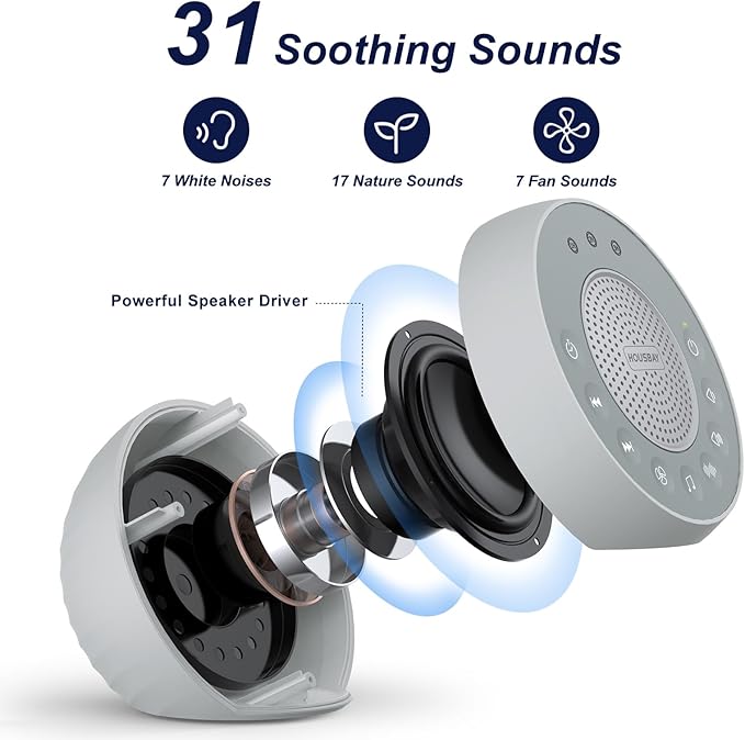 Housbay White Noise Sound Machine, 31 Soothing Sounds, 5W Loud Stereo Sound, Sleep Timer, Small Travel Sleep Machine & Noise Canceling for Sleeping, Relaxation-Gray